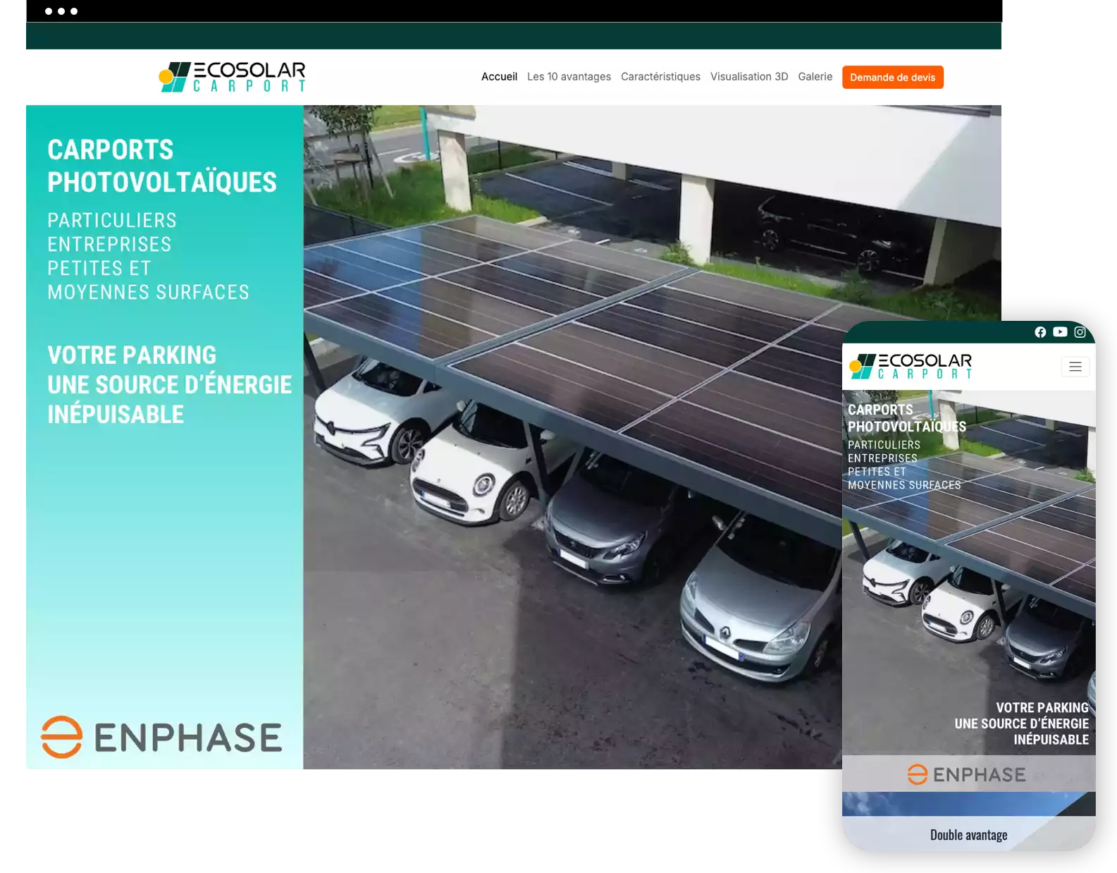 capture écran du site ecosolar-carport en verions desktop et smartphone